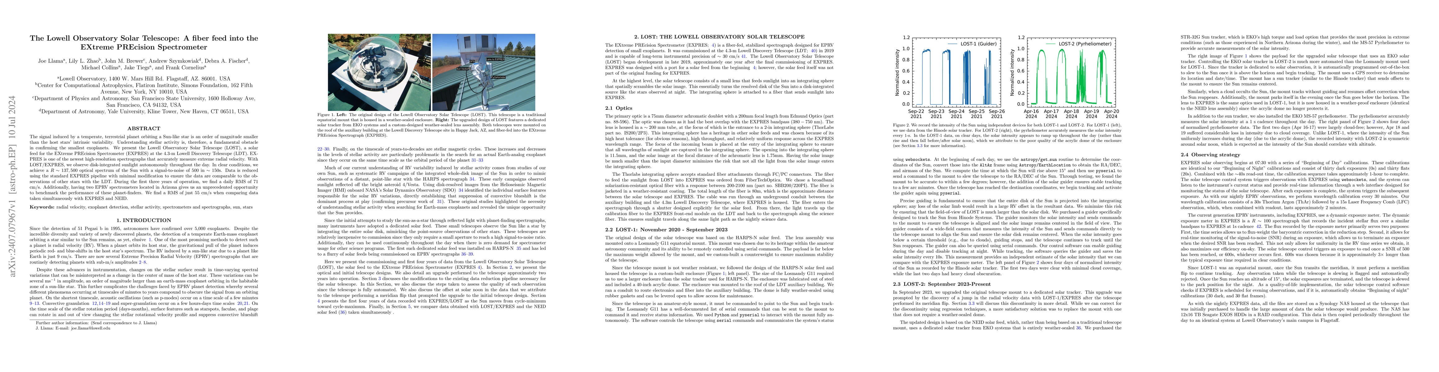 Thumbnail for The Lowell Observatory Solar Telescope: A fiber feed into the EXtreme
  PREcision Spectrometer