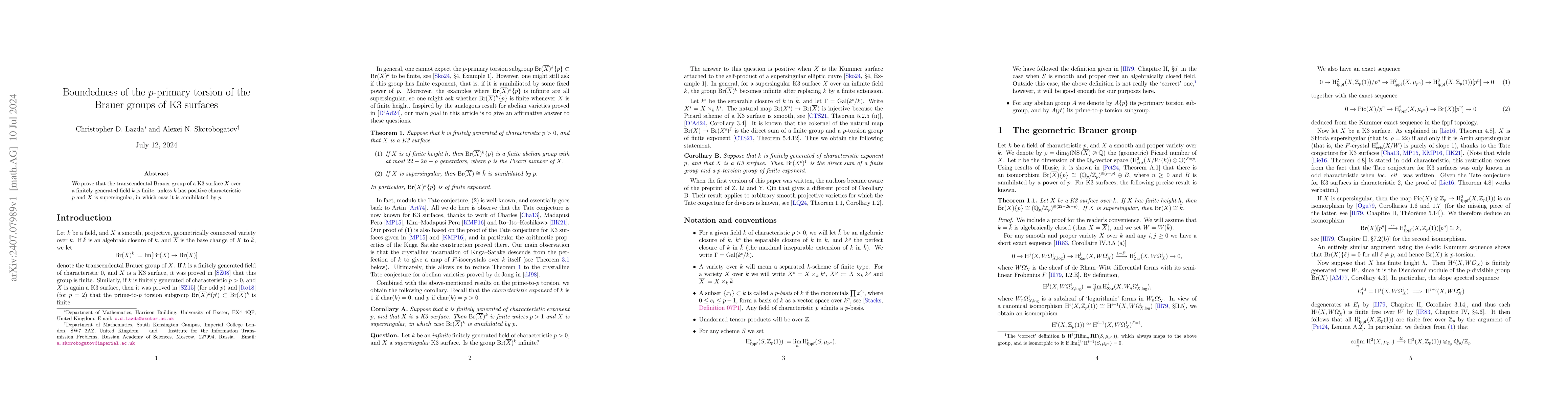 Thumbnail for Boundedness of the p-primary torsion of the Brauer groups of K3 surfaces