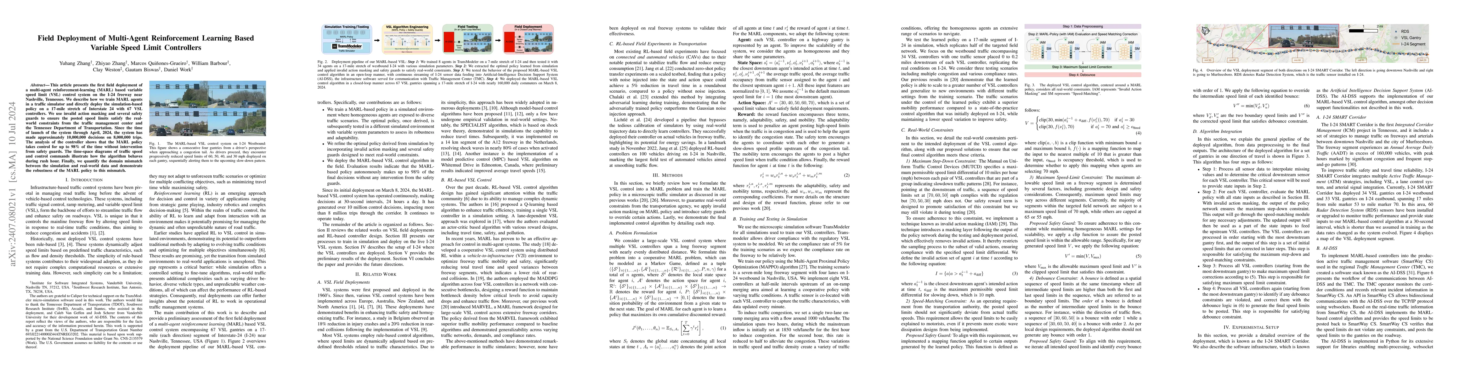 Thumbnail for Field Deployment of Multi-Agent Reinforcement Learning Based Variable
  Speed Limit Controllers
