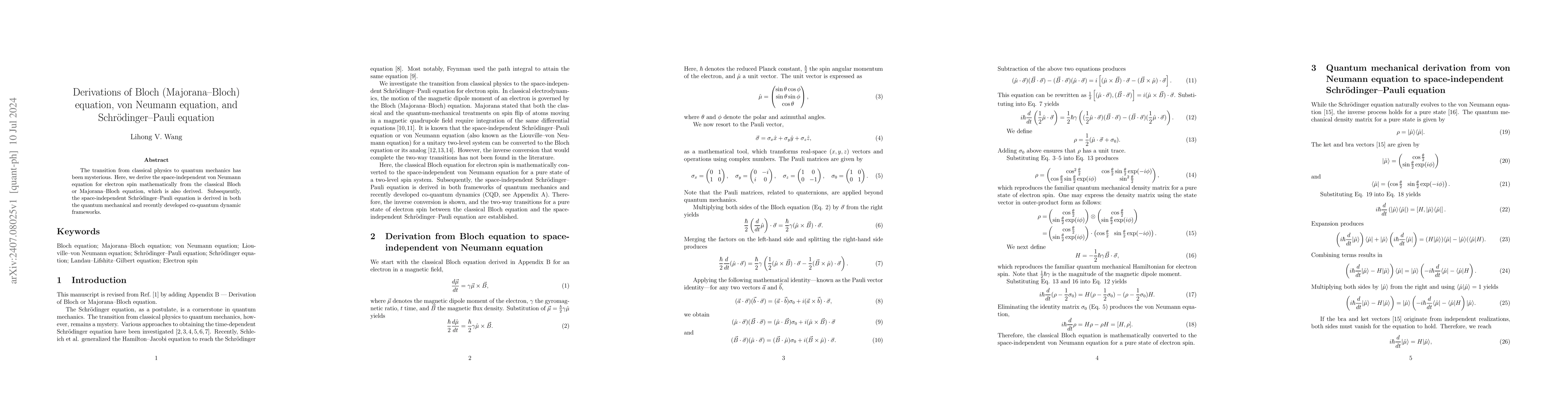 Thumbnail for Derivations of Bloch (Majorana--Bloch) equation, von Neumann equation,
  and Schrödinger--Pauli equation