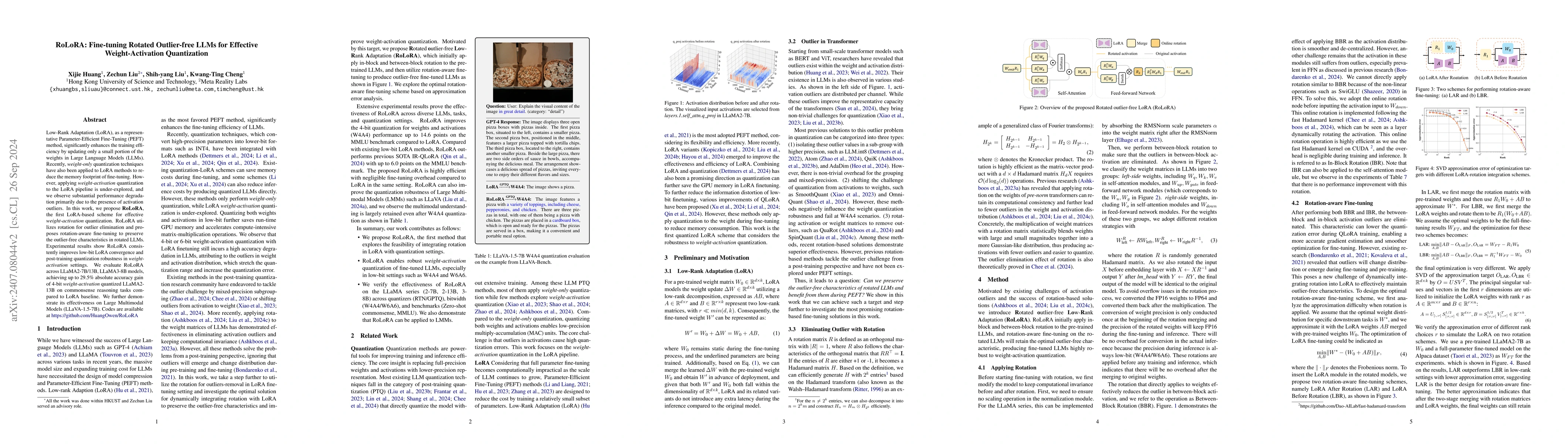 Thumbnail for RoLoRA: Fine-tuning Rotated Outlier-free LLMs for Effective
  Weight-Activation Quantization