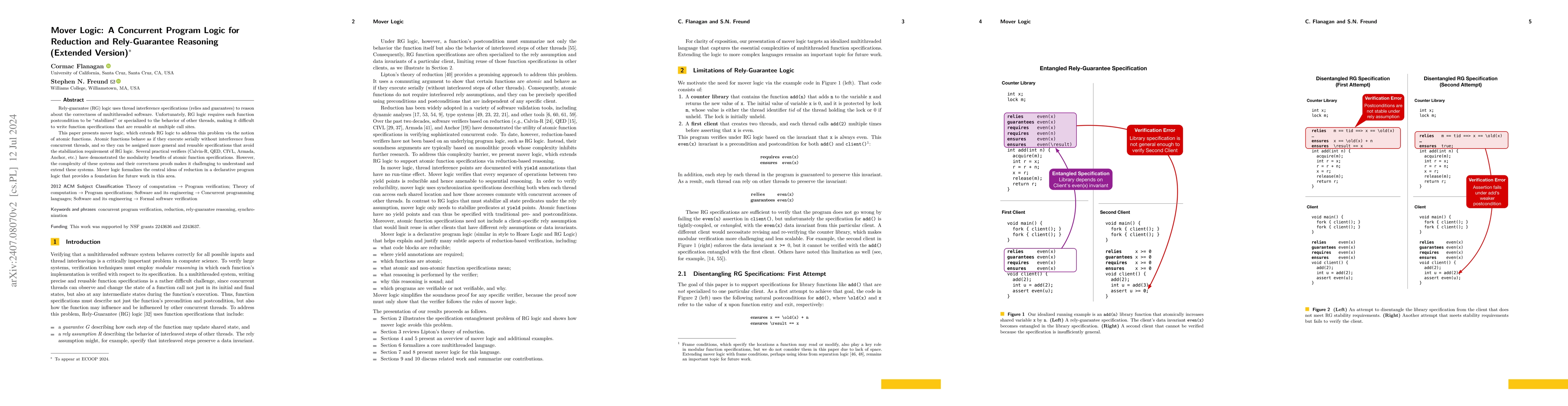 Thumbnail for Mover Logic: A Concurrent Program Logic for Reduction and Rely-Guarantee
  Reasoning (Extended Version)
