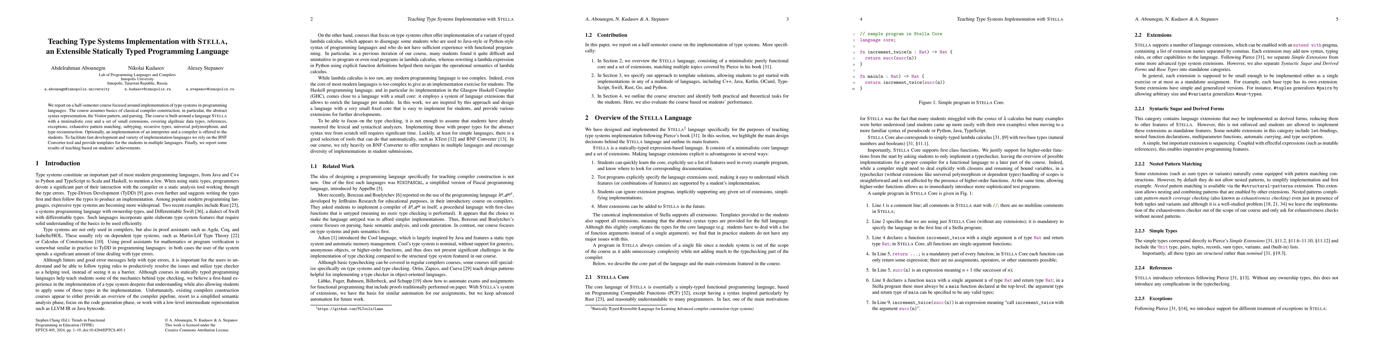 Thumbnail for Teaching Type Systems Implementation with Stella, an Extensible
  Statically Typed Programming Language