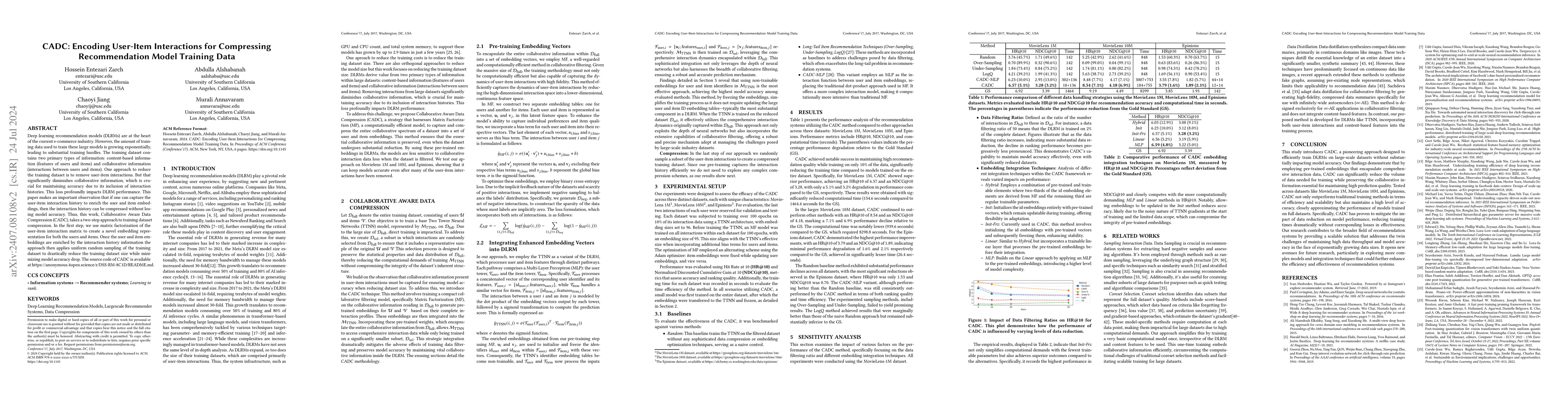 Thumbnail for CADC: Encoding User-Item Interactions for Compressing Recommendation
  Model Training Data