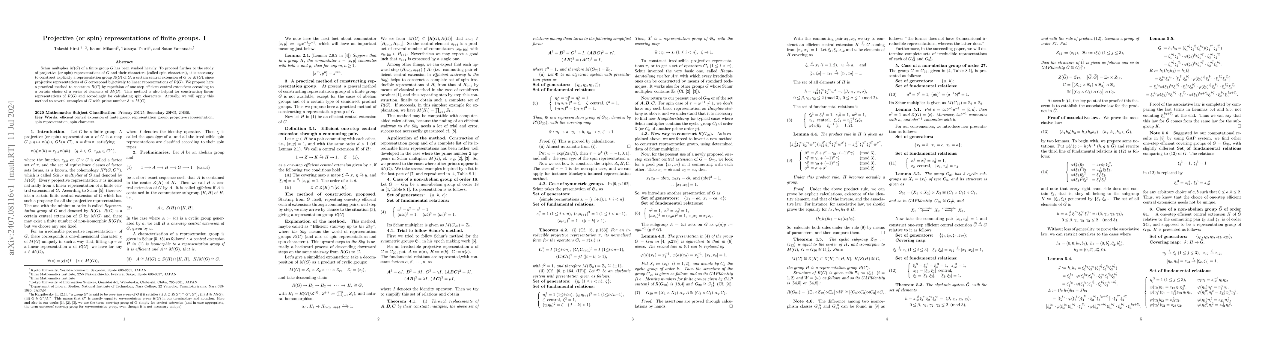 Thumbnail for Projective (or spin) representations of finite groups. I