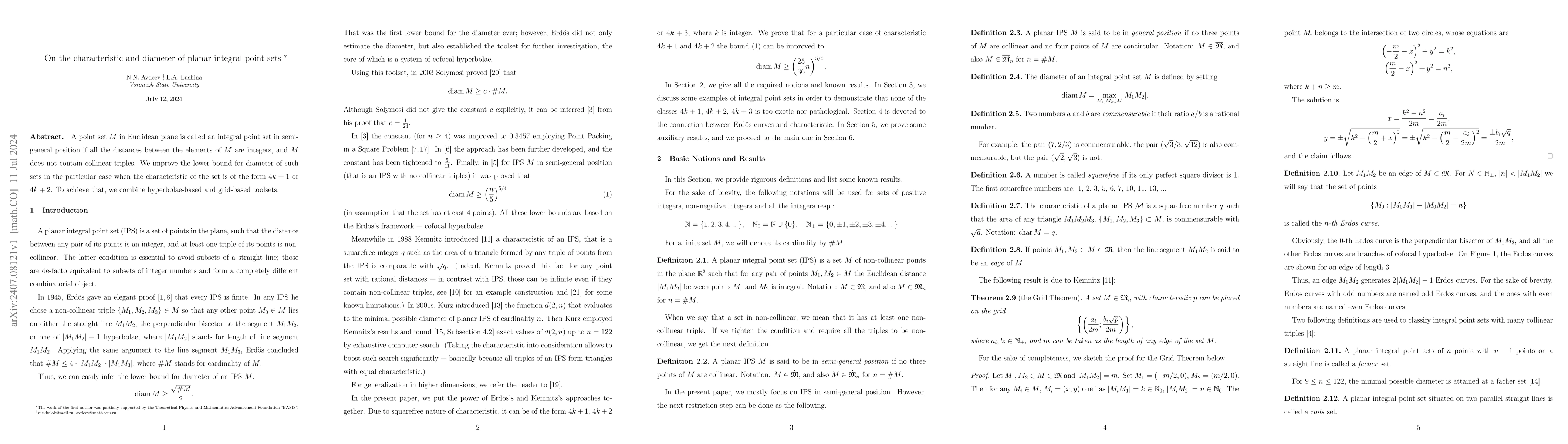 Thumbnail for On the characteristic and diameter of planar integral point sets