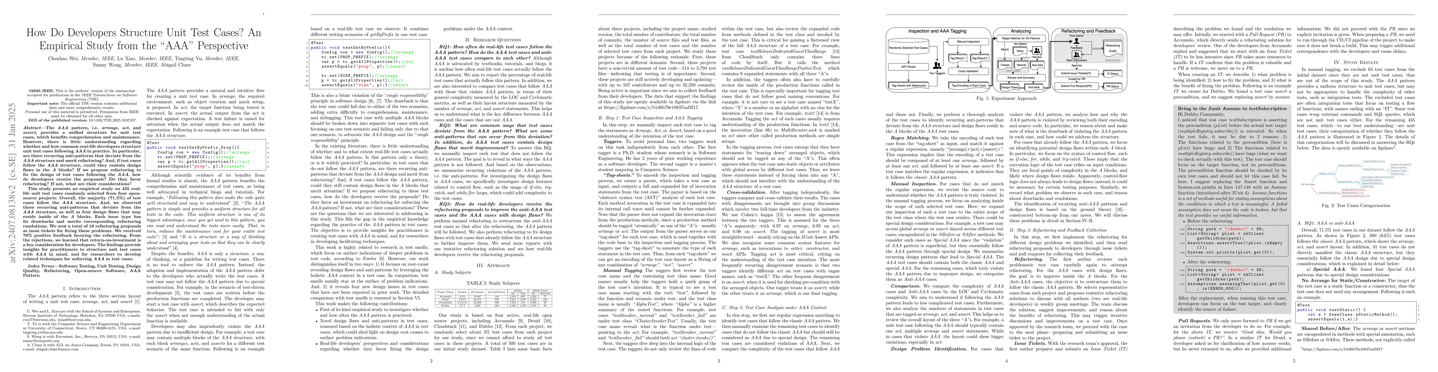 Thumbnail for How Do Developers Structure Unit Test Cases? An Empirical Study from the
  "AAA" Perspective