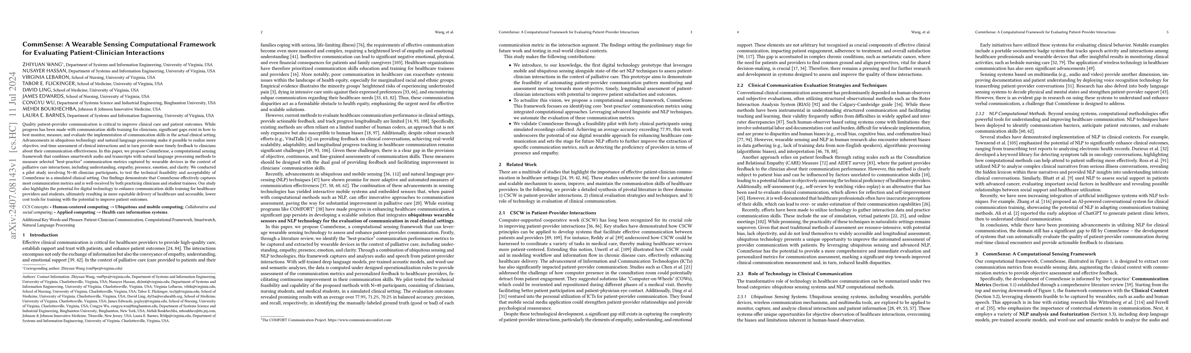 Thumbnail for CommSense: A Wearable Sensing Computational Framework for Evaluating
  Patient-Clinician Interactions