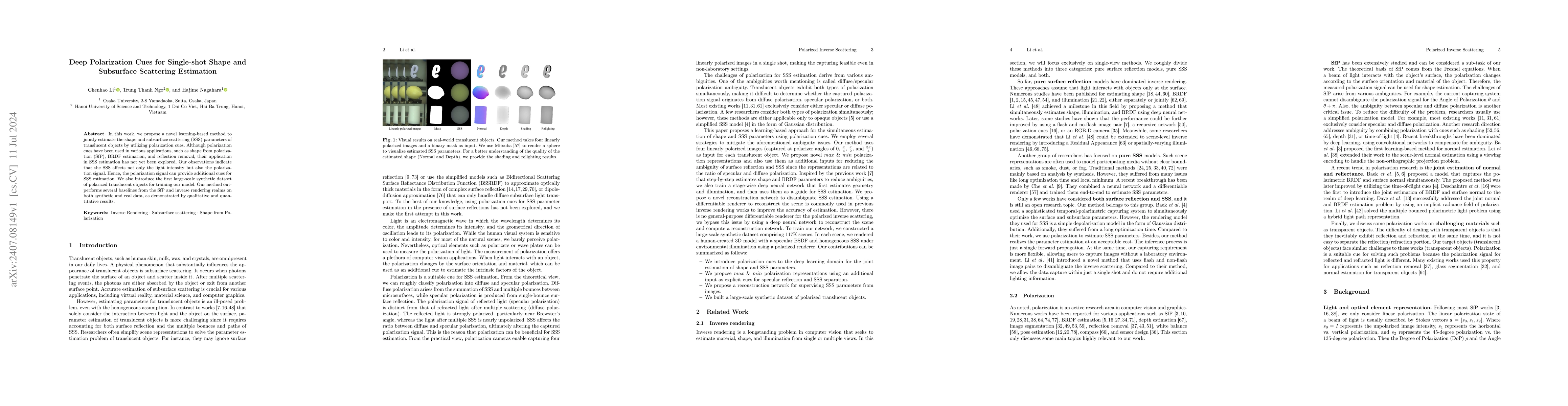 Thumbnail for Deep Polarization Cues for Single-shot Shape and Subsurface Scattering
  Estimation