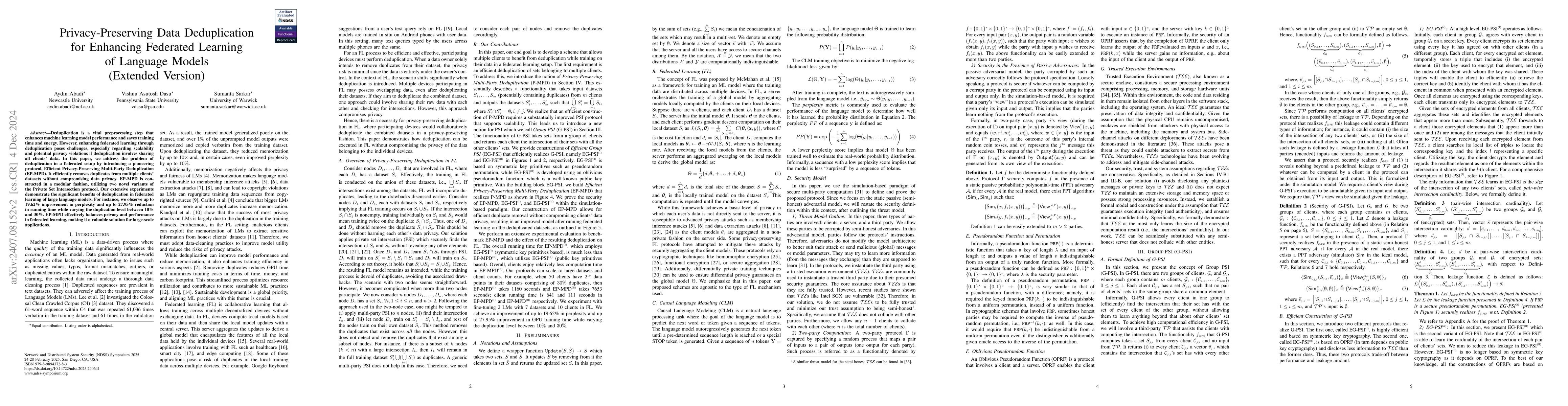 Thumbnail for Privacy-Preserving Data Deduplication for Enhancing Federated Learning
  of Language Models