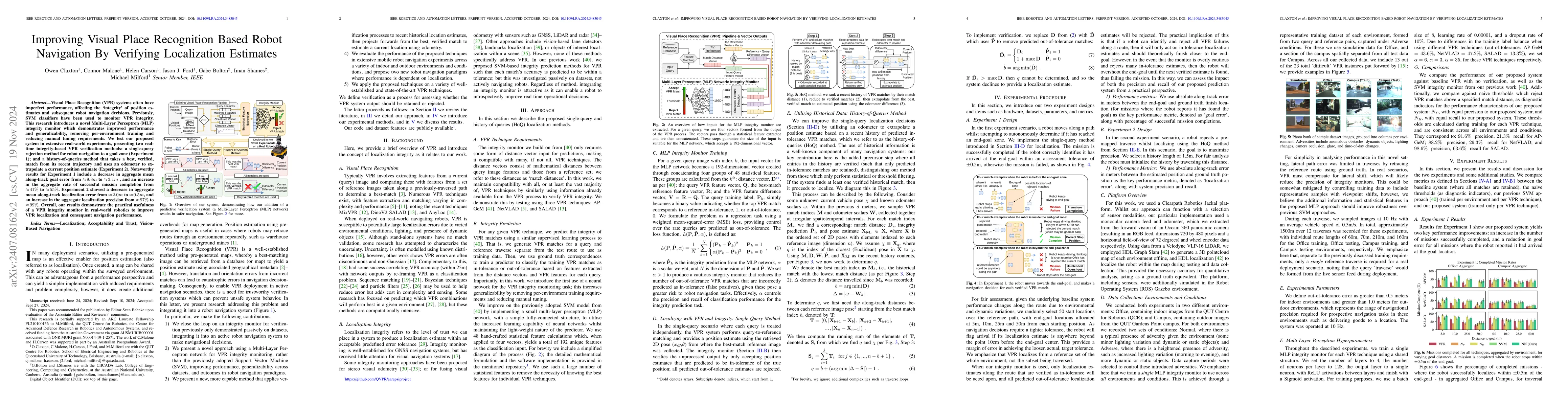 Thumbnail for Improving Visual Place Recognition Based Robot Navigation Through
  Verification of Localization Estimates