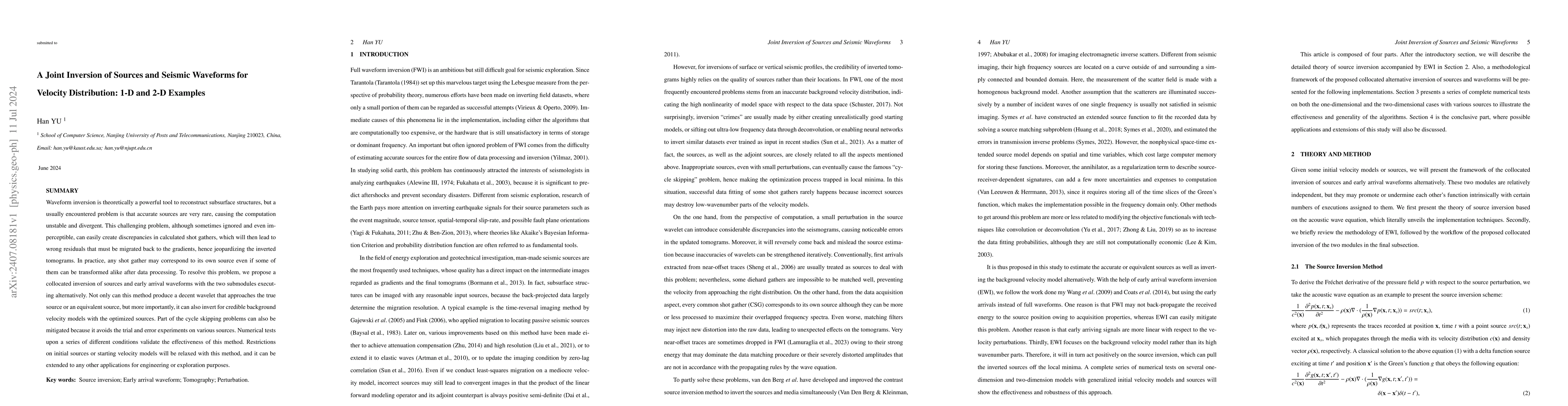 Thumbnail for A Joint Inversion of Sources and Seismic Waveforms for Velocity
  Distribution: 1-D and 2-D Examples