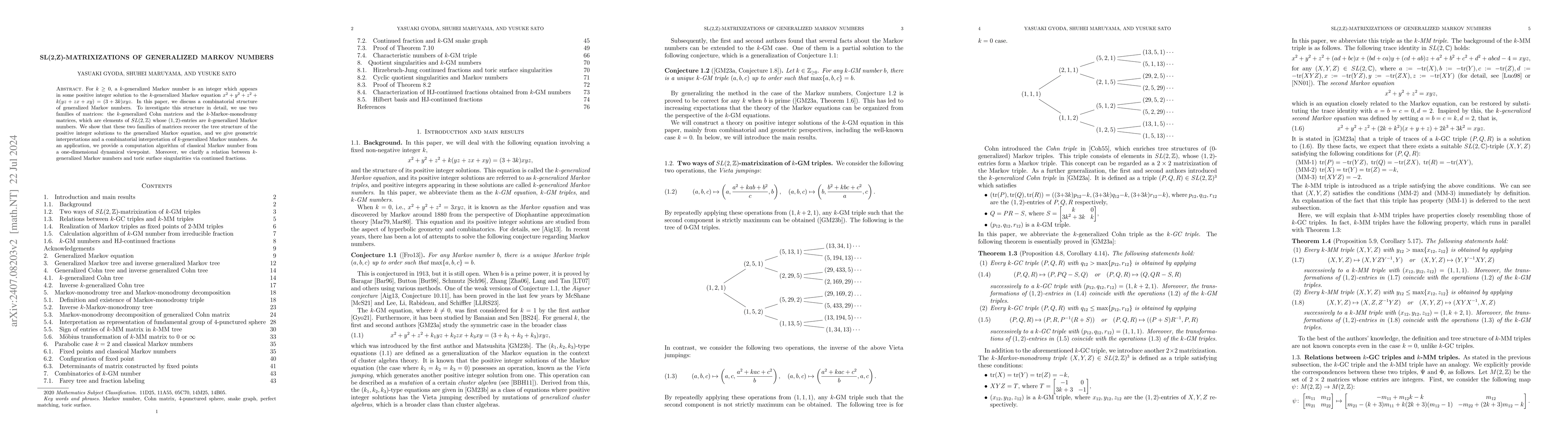 Thumbnail for SL(2,Z)-matrixizations of generalized Markov numbers