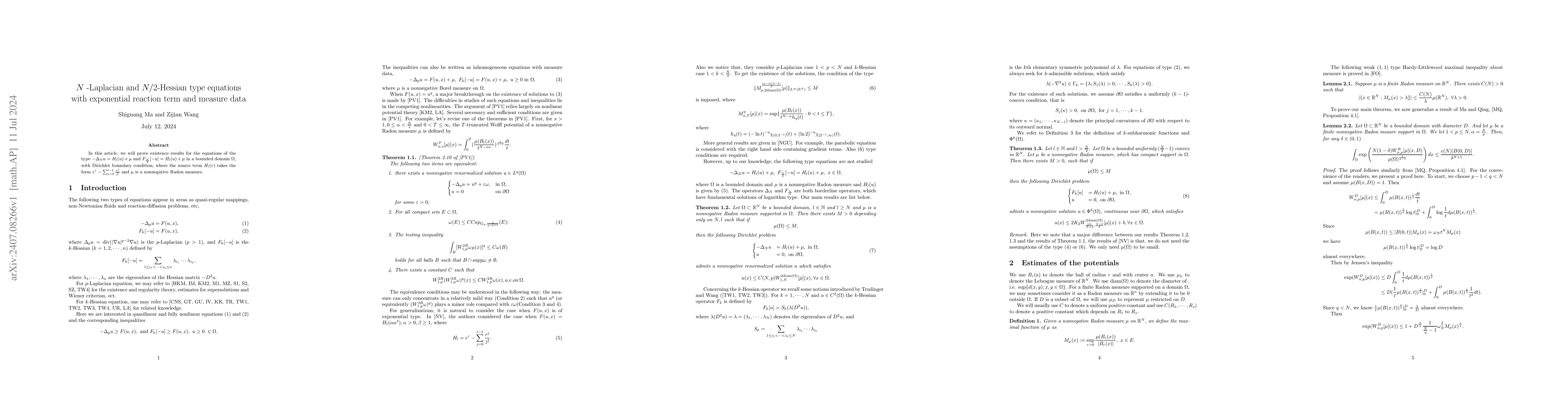 Thumbnail for $N$ -Laplacian and $N/2$-Hessian type equations with exponential
  reaction term and measure data