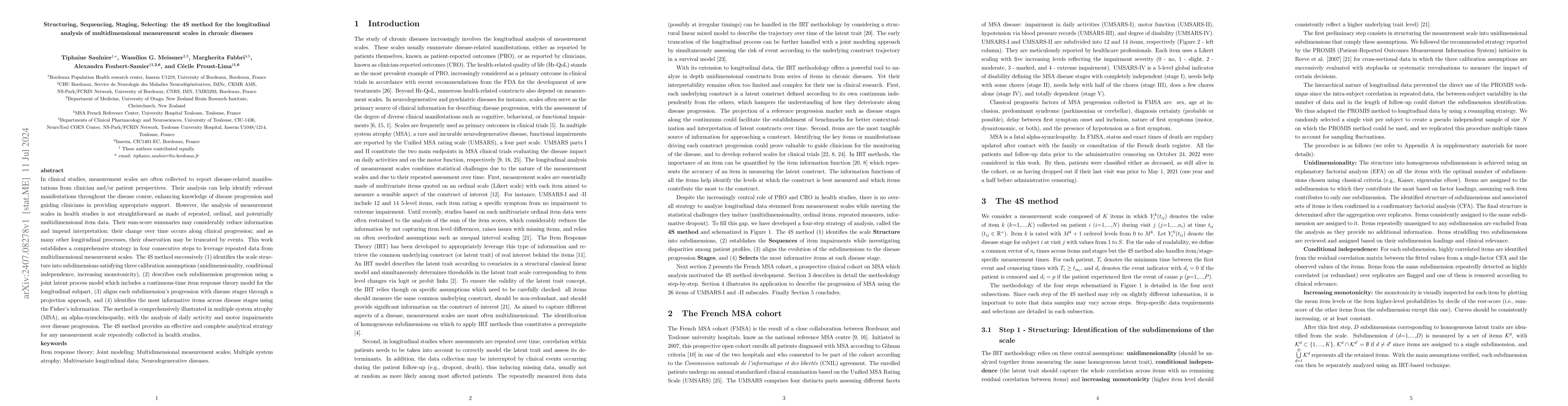 Thumbnail for Structuring, Sequencing, Staging, Selecting: the 4S method for the
  longitudinal analysis of multidimensional measurement scales in chronic
  diseases
