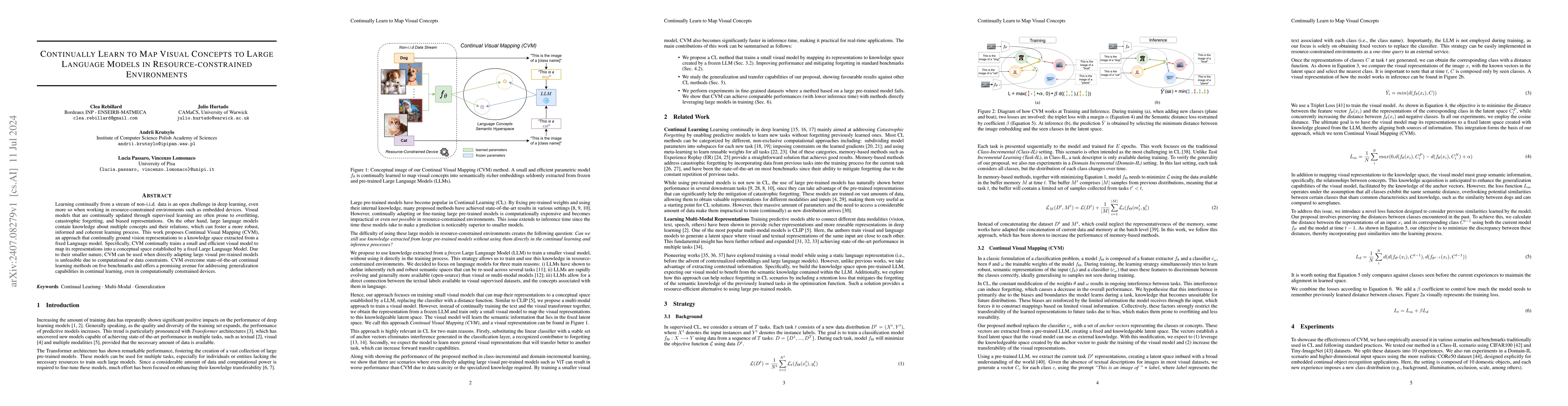 Thumbnail for Continually Learn to Map Visual Concepts to Large Language Models in
  Resource-constrained Environments