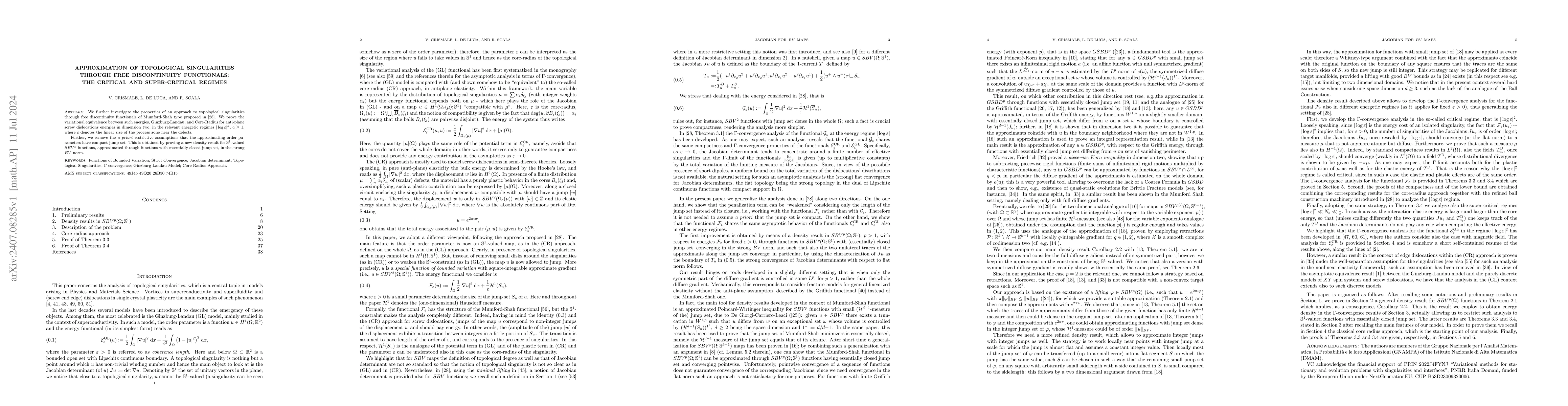 Thumbnail for Approximation of topological singularities through free discontinuity
  functionals: the critical and super-critical regimes