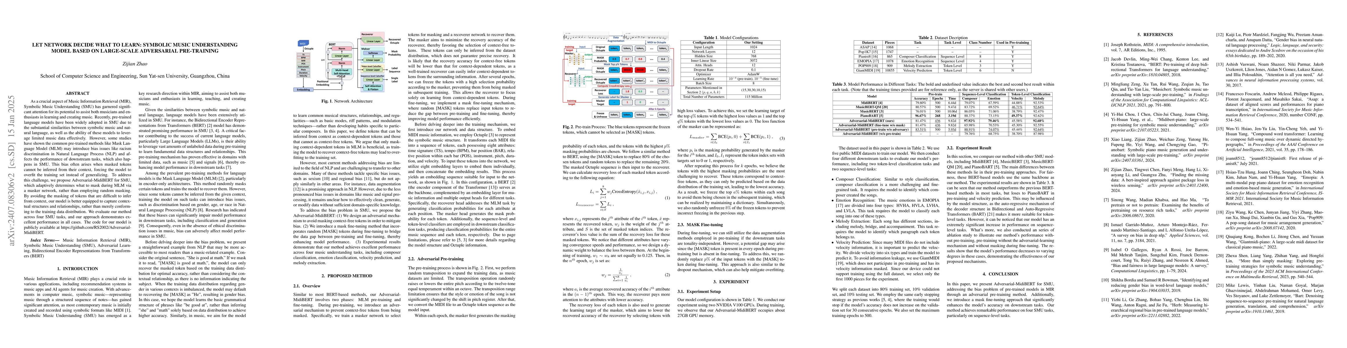 Thumbnail for Adversarial-MidiBERT: Symbolic Music Understanding Model Based on Unbias
  Pre-training and Mask Fine-tuning