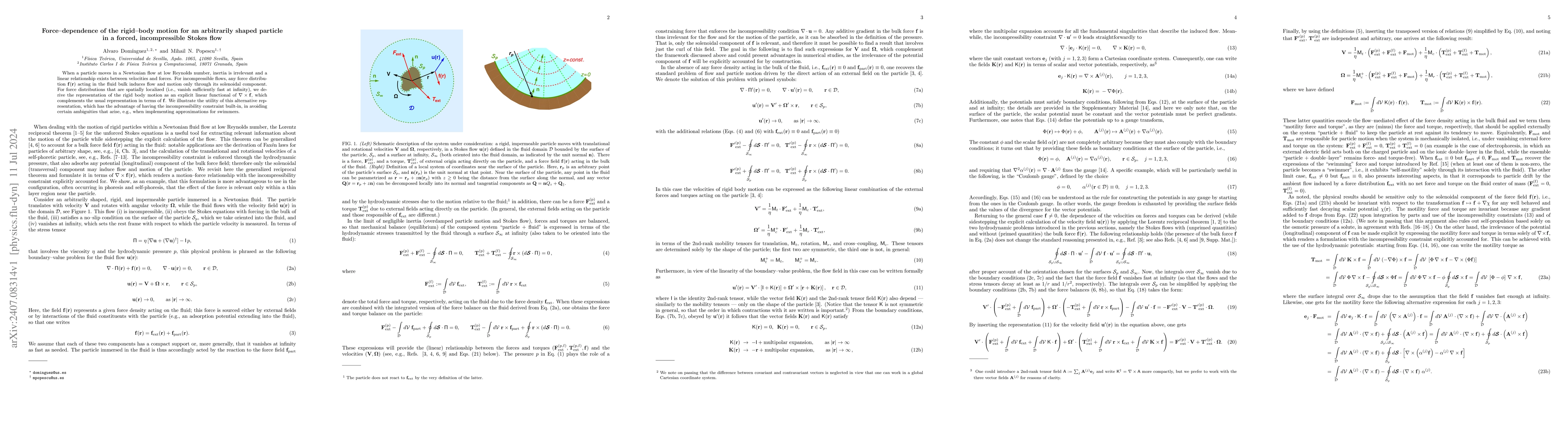 Thumbnail for Force-dependence of the rigid-body motion for an arbitrarily shaped
  particle in a forced, incompressible Stokes flow