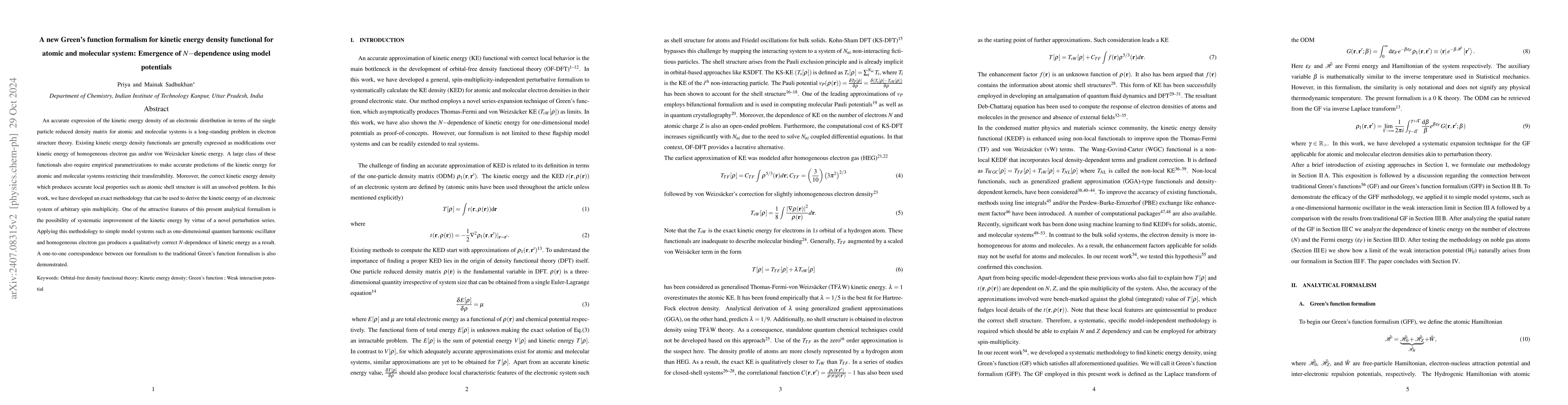 Thumbnail for A new Green's function formalism for kinetic energy density functional
  for atomic and molecular system: Emergence of $N-$dependence using model
  potentials