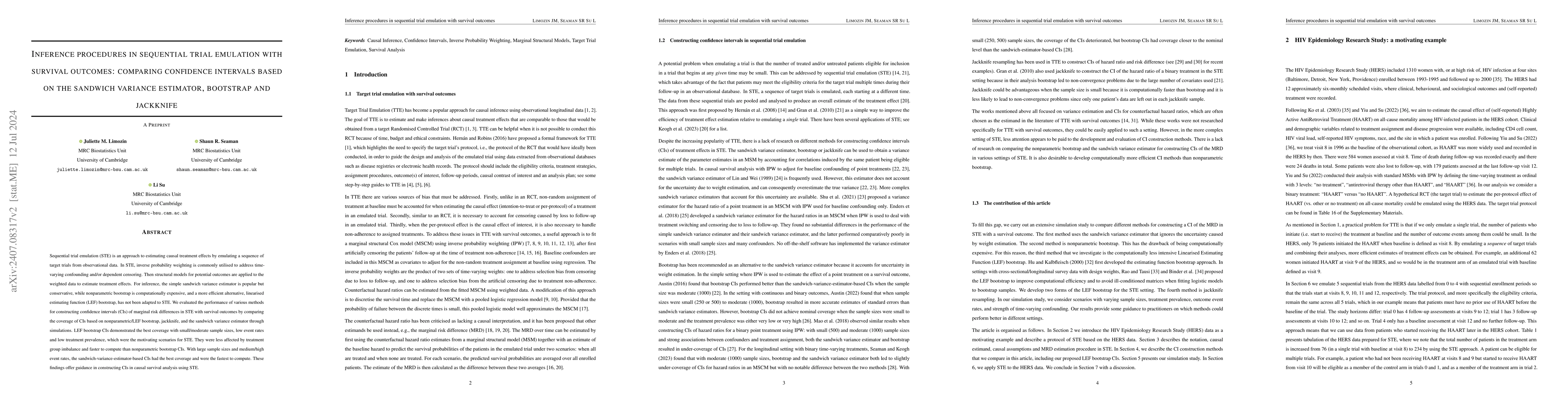 Thumbnail for Inference procedures in sequential trial emulation with survival
  outcomes: comparing confidence intervals based on the sandwich variance
  estimator, bootstrap and jackknife