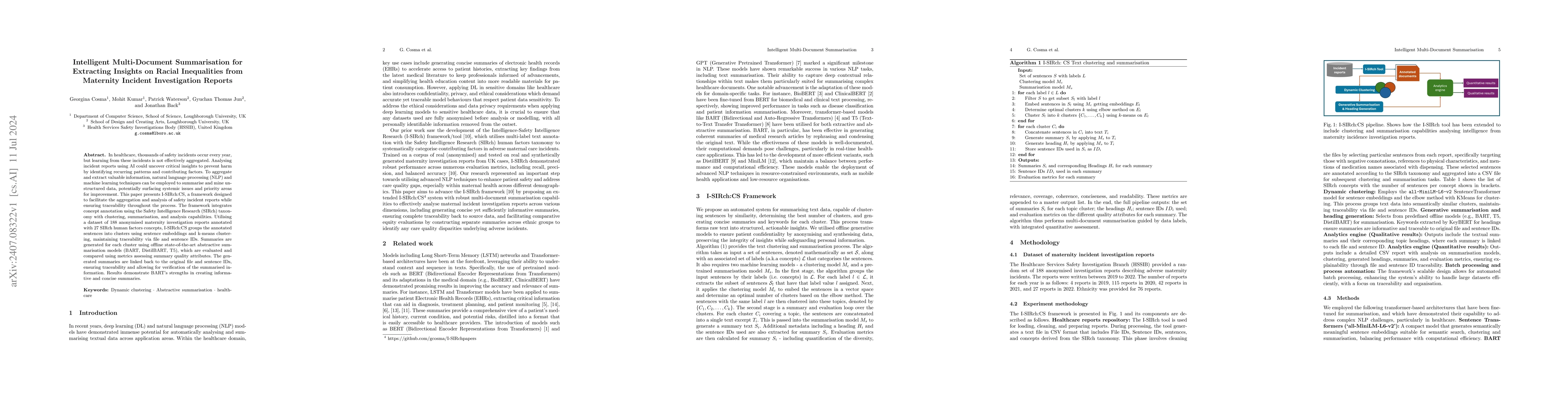 Thumbnail for Intelligent Multi-Document Summarisation for Extracting Insights on
  Racial Inequalities from Maternity Incident Investigation Reports
