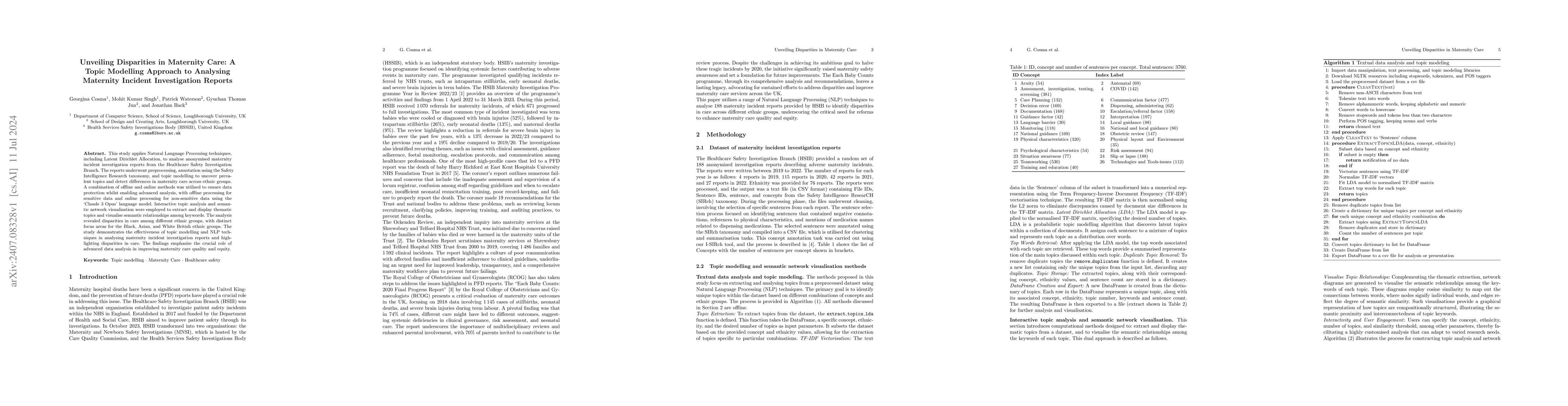 Thumbnail for Unveiling Disparities in Maternity Care: A Topic Modelling Approach to
  Analysing Maternity Incident Investigation Reports