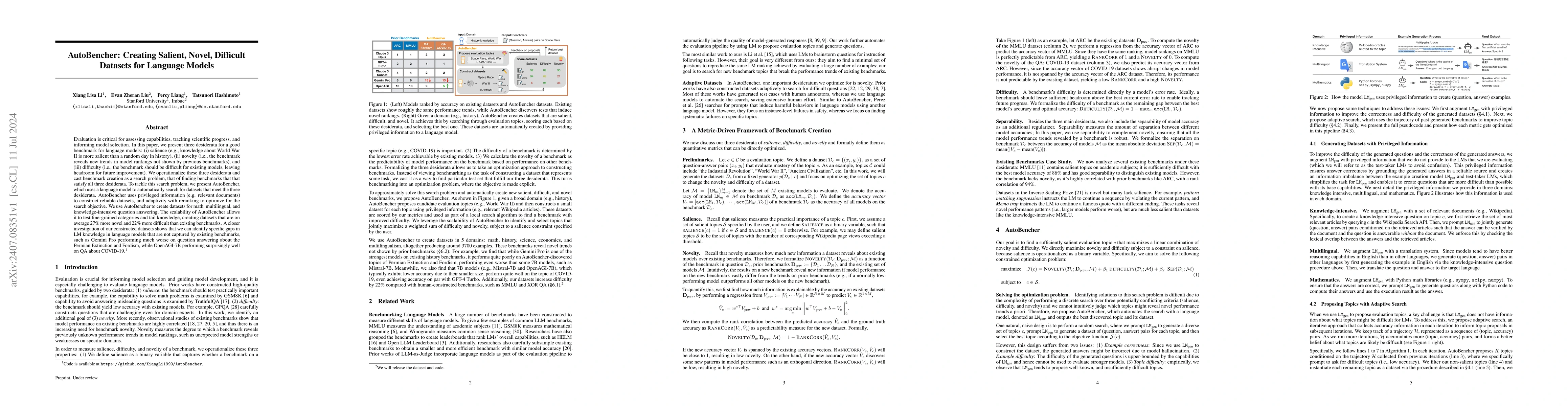Thumbnail for AutoBencher: Creating Salient, Novel, Difficult Datasets for Language
  Models