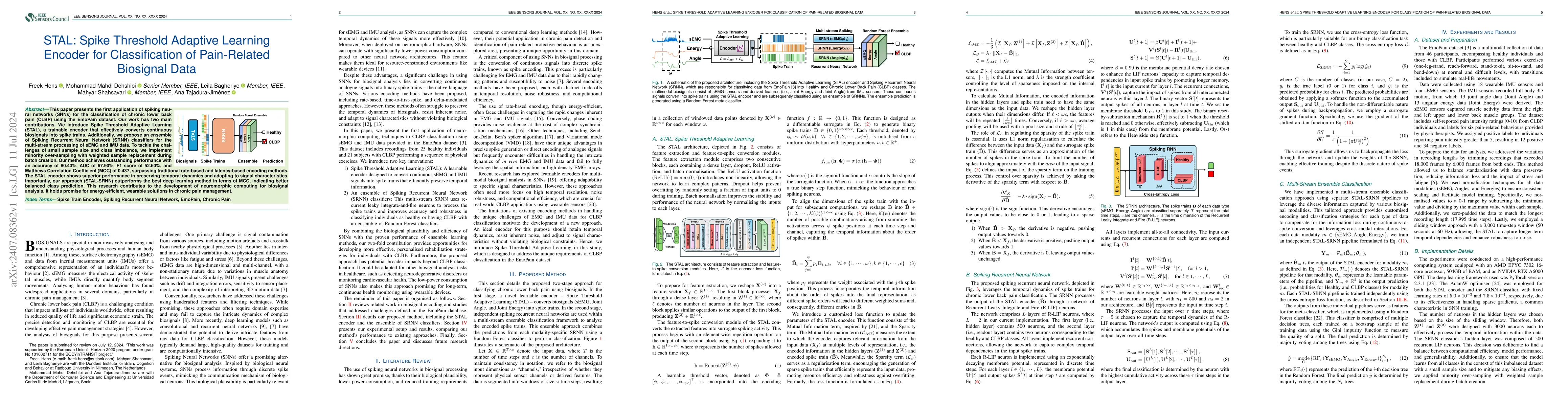 Thumbnail for STAL: Spike Threshold Adaptive Learning Encoder for Classification of
  Pain-Related Biosignal Data
