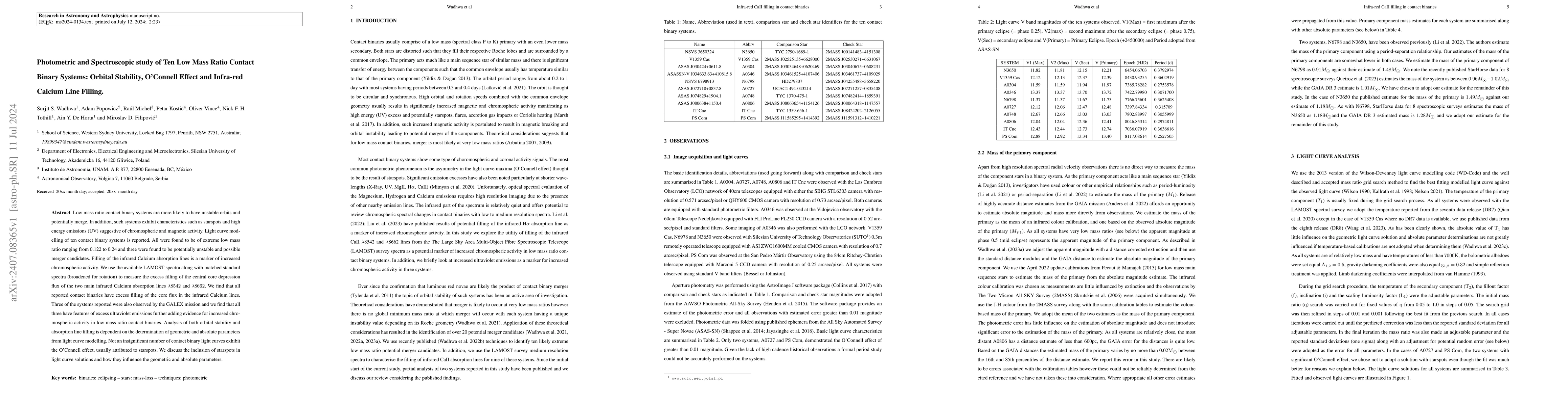Thumbnail for Photometric and Spectroscopic study of Ten Low Mass Ratio Contact Binary
  Systems: Orbital Stability, O'Connell Effect and Infra-red Calcium Line
  Filling