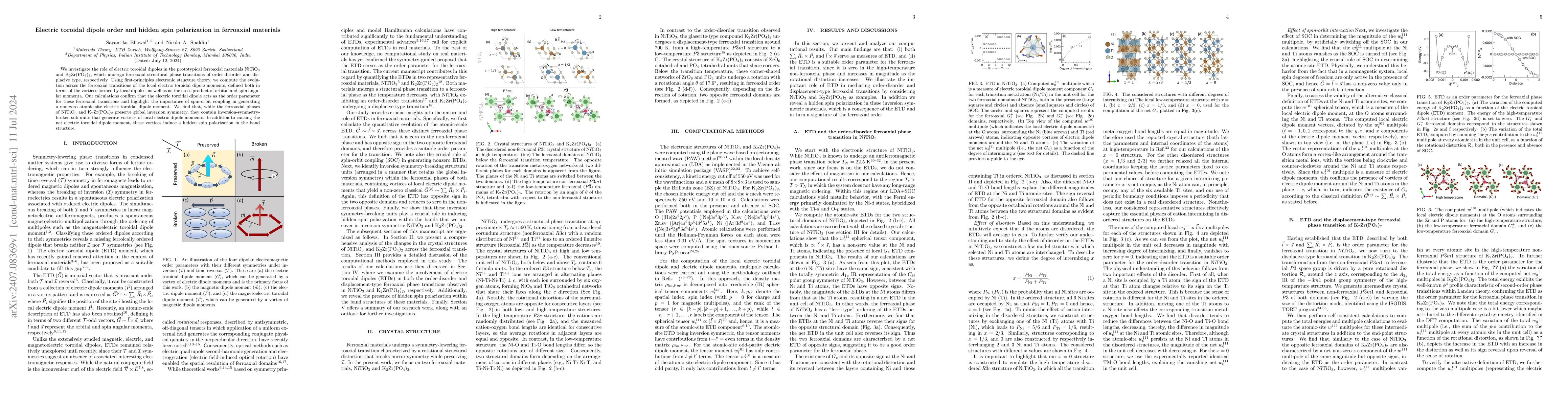 Thumbnail for Electric toroidal dipole order and hidden spin polarization in
  ferroaxial materials
