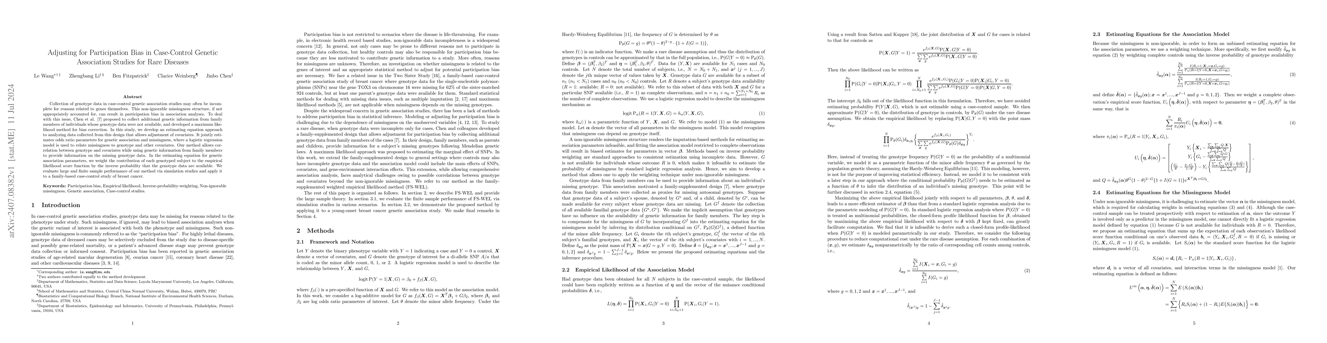 Thumbnail for Adjusting for Participation Bias in Case-Control Genetic Association
  Studies for Rare Diseases