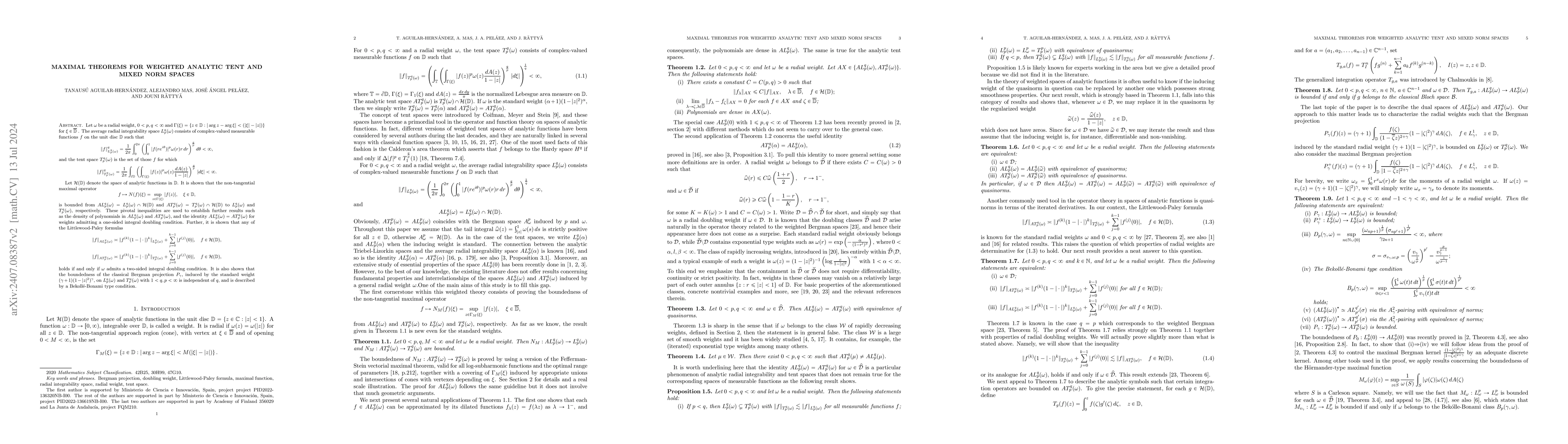 Thumbnail for Maximal theorems for weighted analytic tent and mixed norm spaces