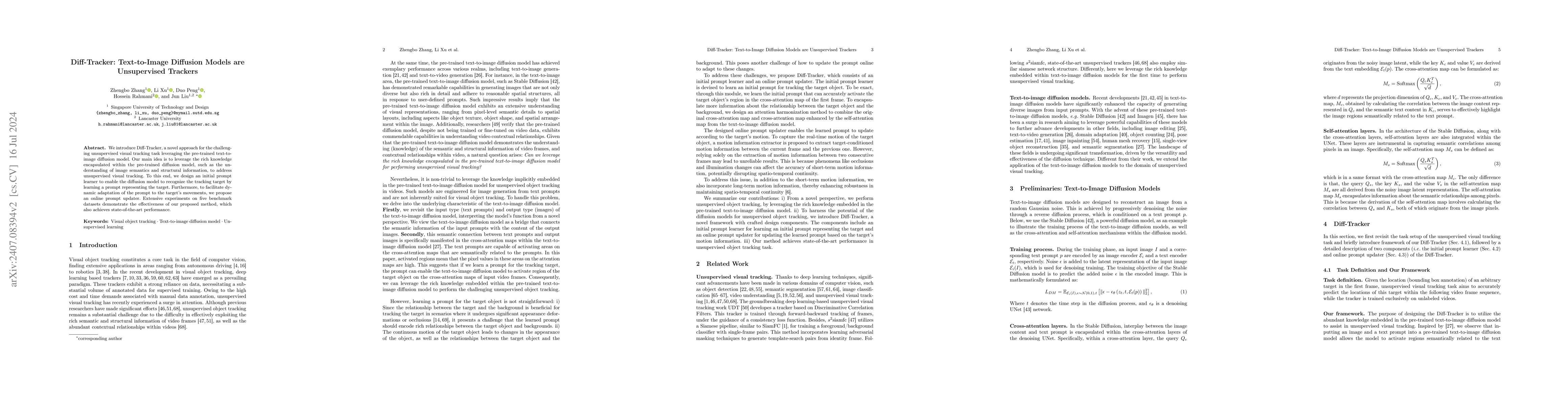 Thumbnail for Diff-Tracker: Text-to-Image Diffusion Models are Unsupervised Trackers