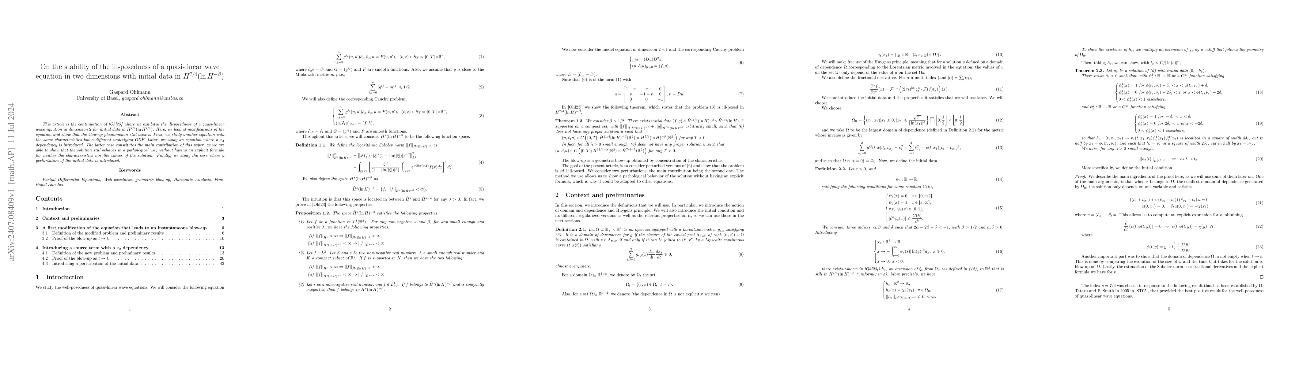 Thumbnail for On the stability of the ill-posedness of a quasi-linear wave equation in
  two dimensions with initial data in $H^{7/4} (\ln H^{-β})$