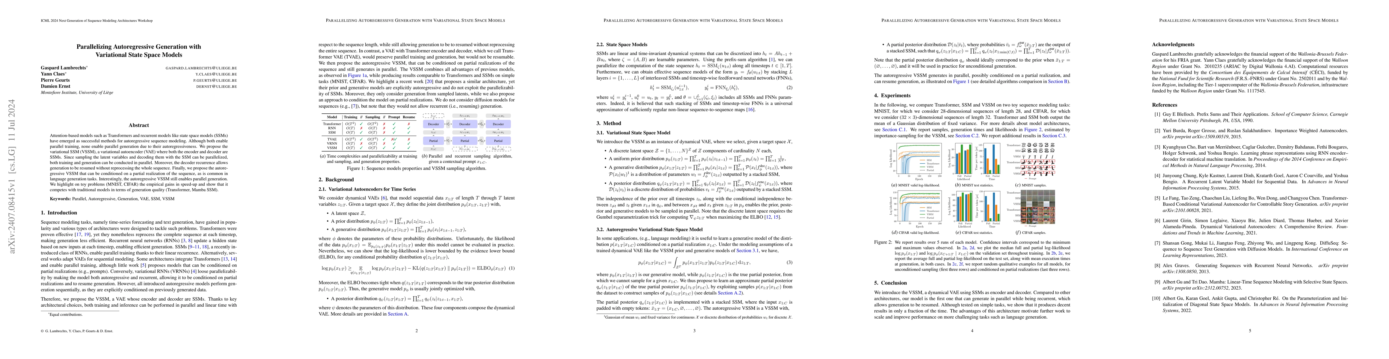 Thumbnail for Parallelizing Autoregressive Generation with Variational State Space
  Models