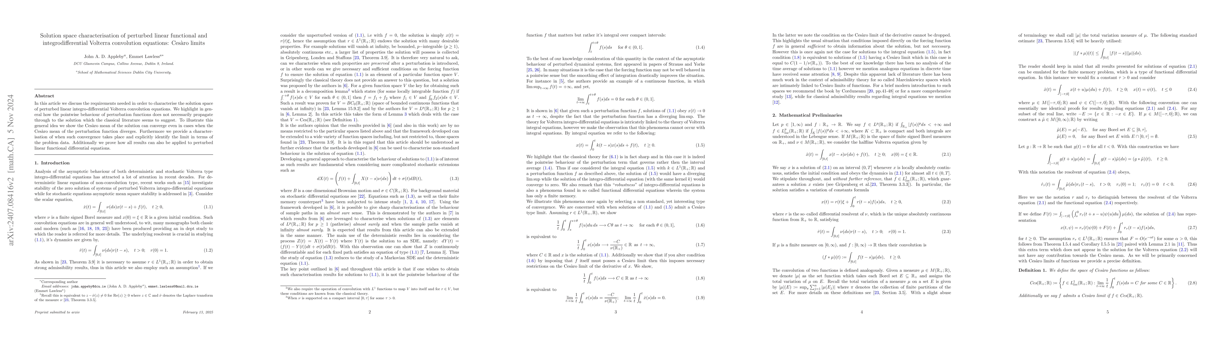 Thumbnail for Solution space characterisation of perturbed linear functional and
  integrodifferential Volterra convolution equations: Cesàro limits