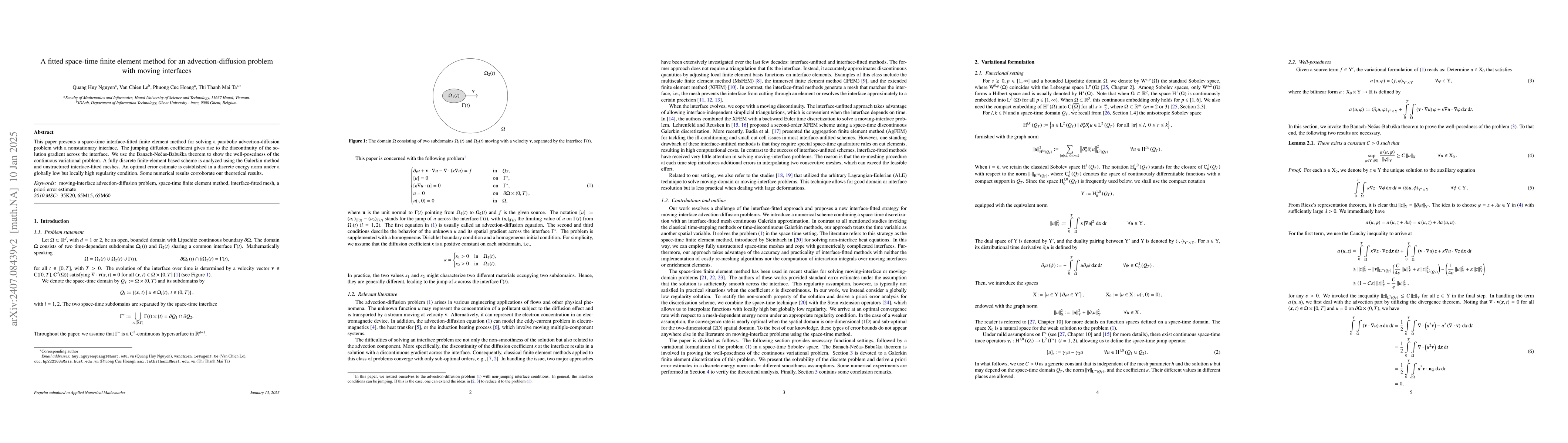 Thumbnail for A fitted space-time finite element method for an advection-diffusion
  problem with moving interfaces