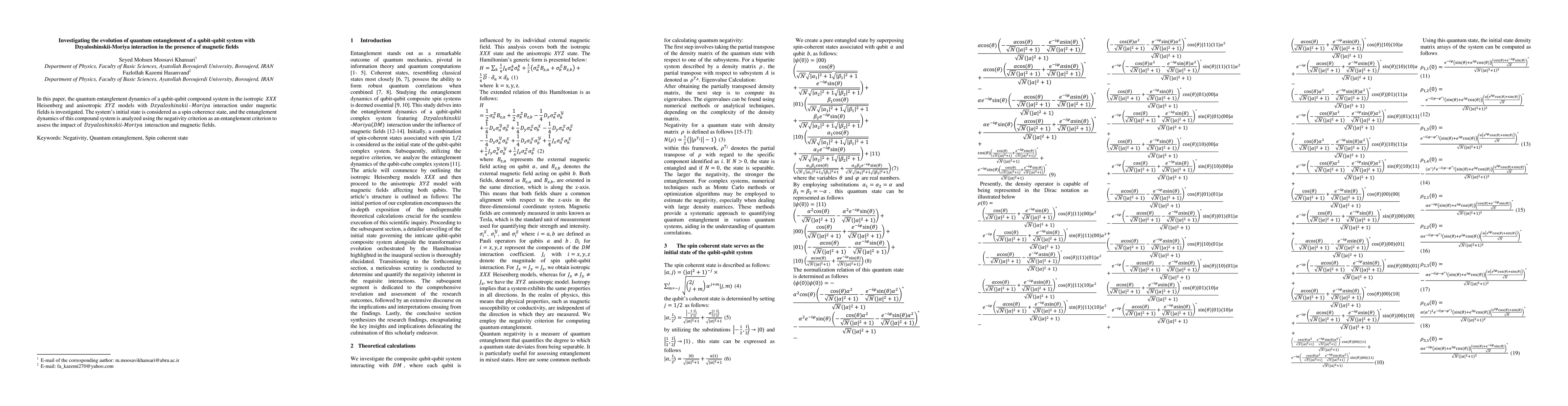 Thumbnail for Investigating the evolution of quantum entanglement of a qubit-qubit
  system with Dzyaloshinskii-Moriya interaction in the presence of magnetic
  fields