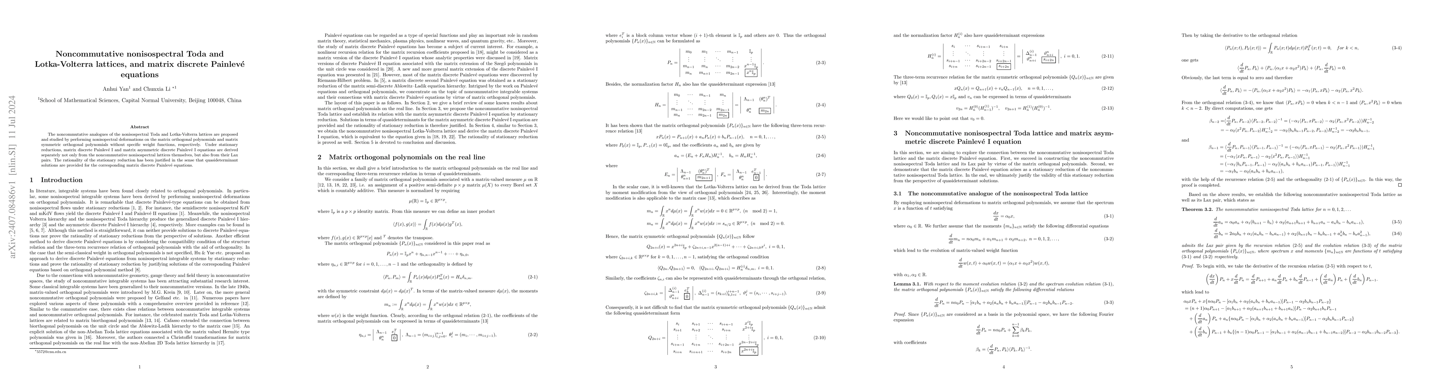 Thumbnail for Noncommutative nonisospectral Toda and Lotka-Volterra lattices, and
  matrix discrete Painlevé equations