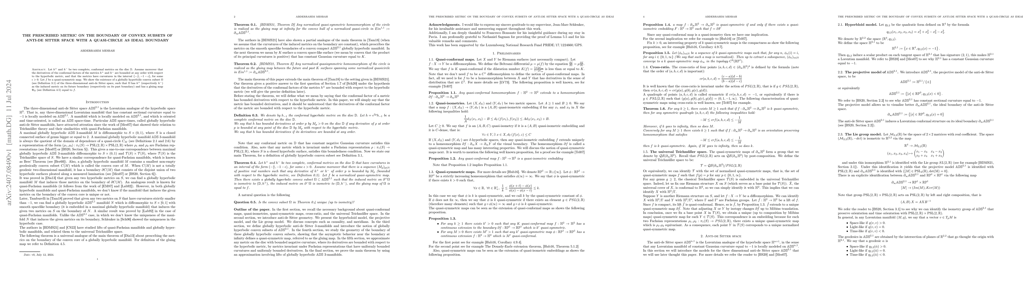 Thumbnail for The prescribed metric on the boundary of convex subsets of anti-de
  Sitter space with a quasi-circle as ideal boundary