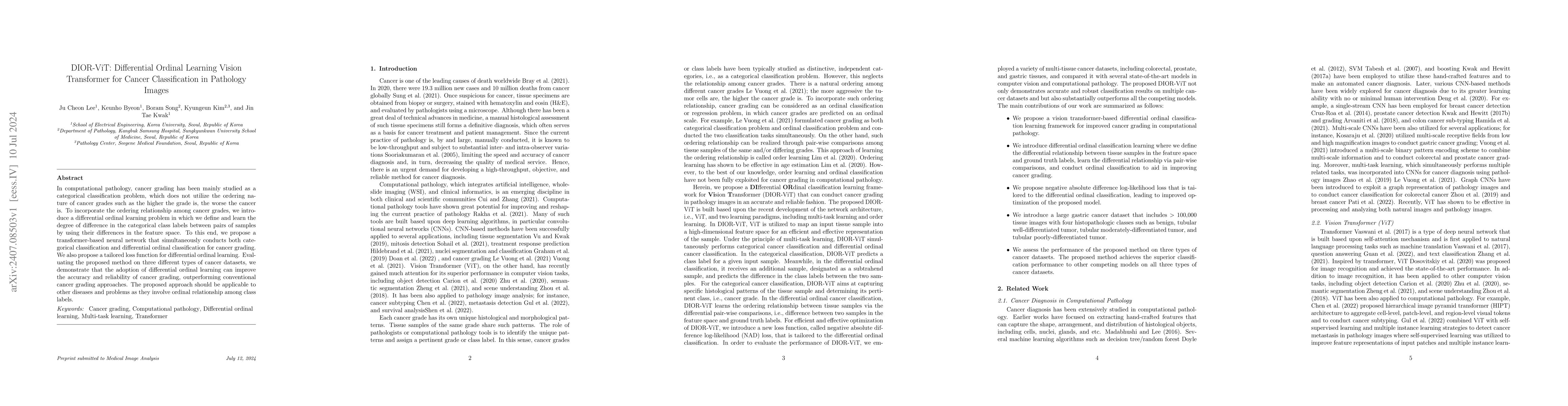 Thumbnail for DIOR-ViT: Differential Ordinal Learning Vision Transformer for Cancer
  Classification in Pathology Images