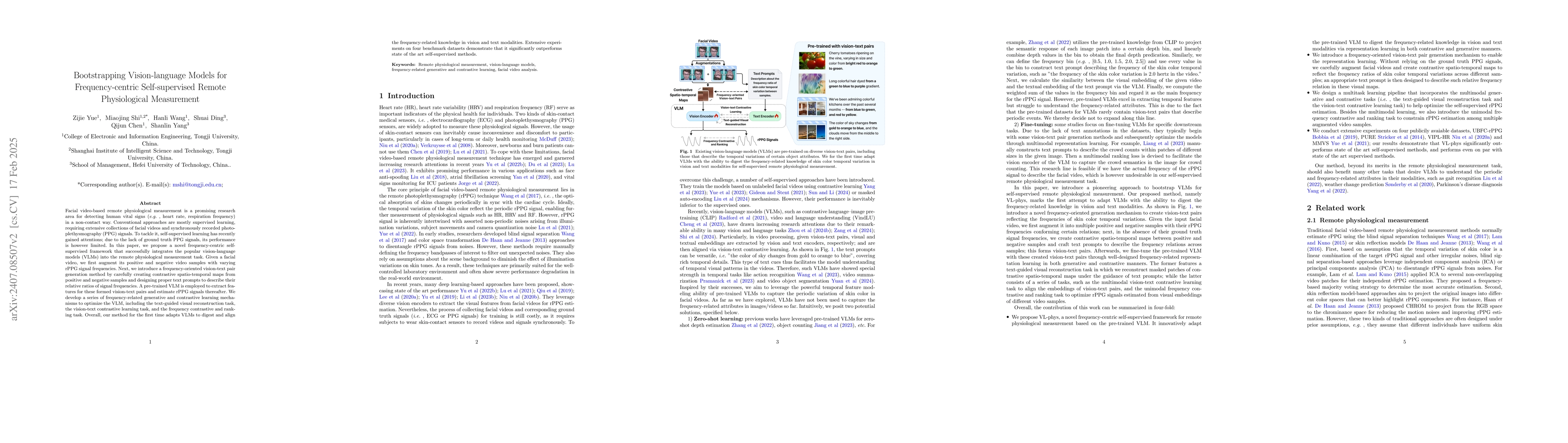 Thumbnail for Bootstrapping Vision-language Models for Self-supervised Remote
  Physiological Measurement