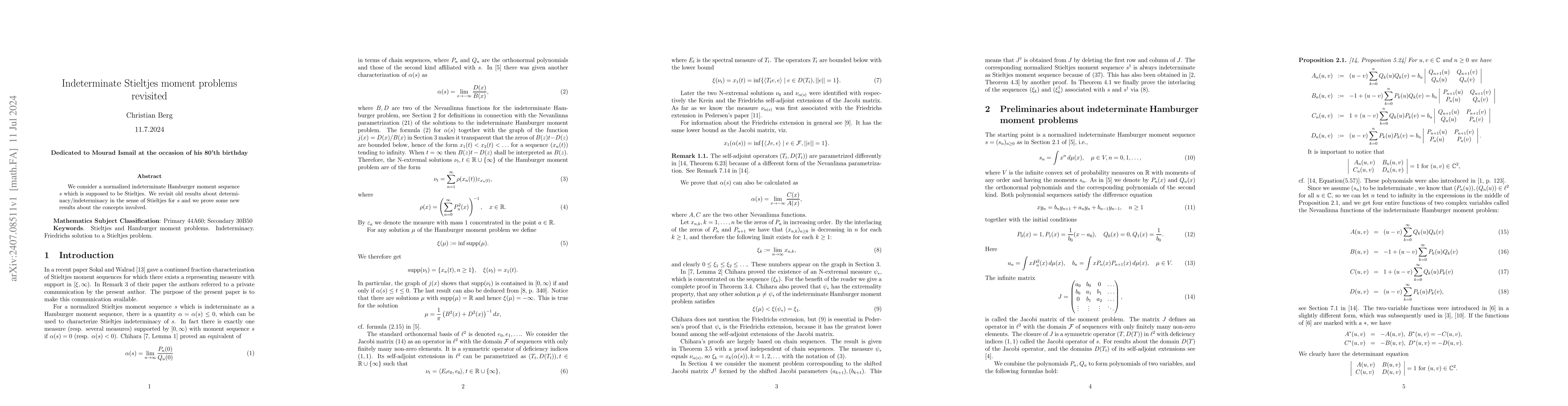 Thumbnail for Indeterminate Stieltjes moment problems revisited
