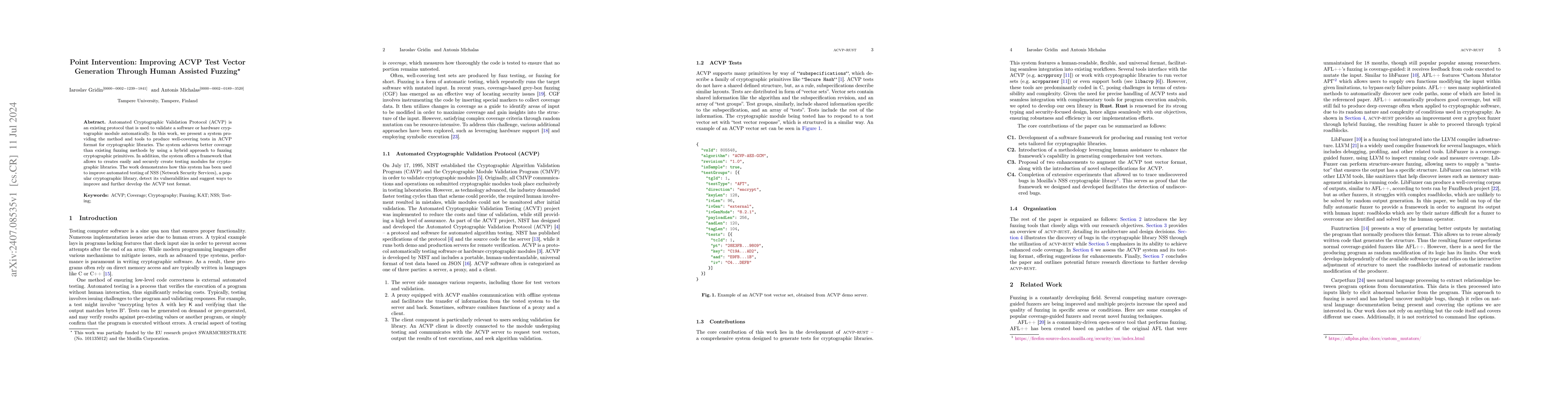 Thumbnail for Point Intervention: Improving ACVP Test Vector Generation Through Human
  Assisted Fuzzing