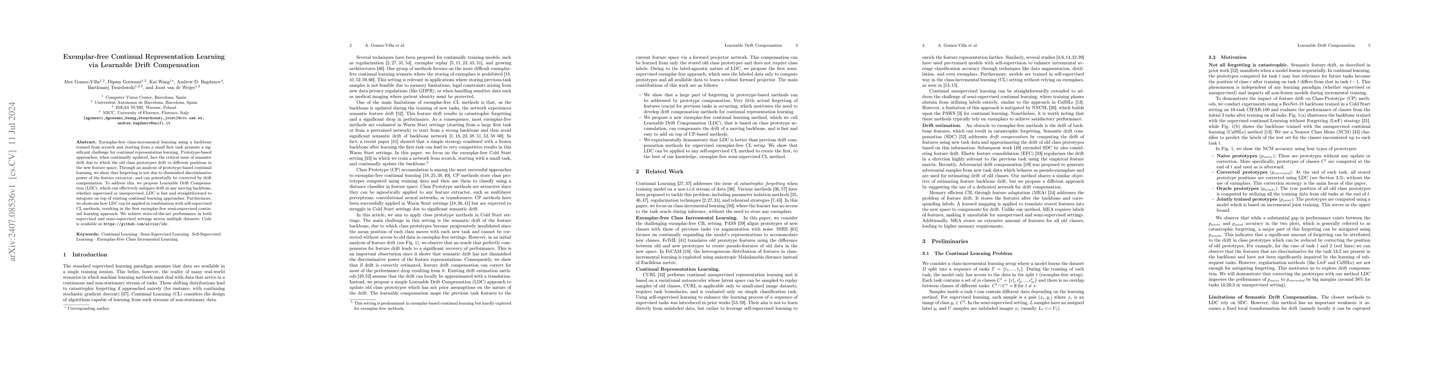 Thumbnail for Exemplar-free Continual Representation Learning via Learnable Drift
  Compensation