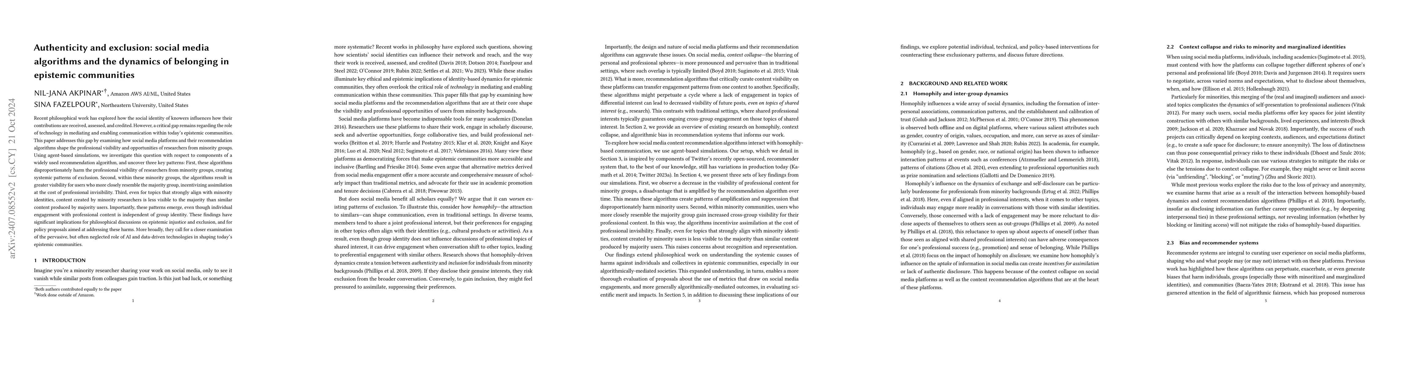 Thumbnail for Authenticity and exclusion: social media algorithms and the dynamics of
  belonging in epistemic communities