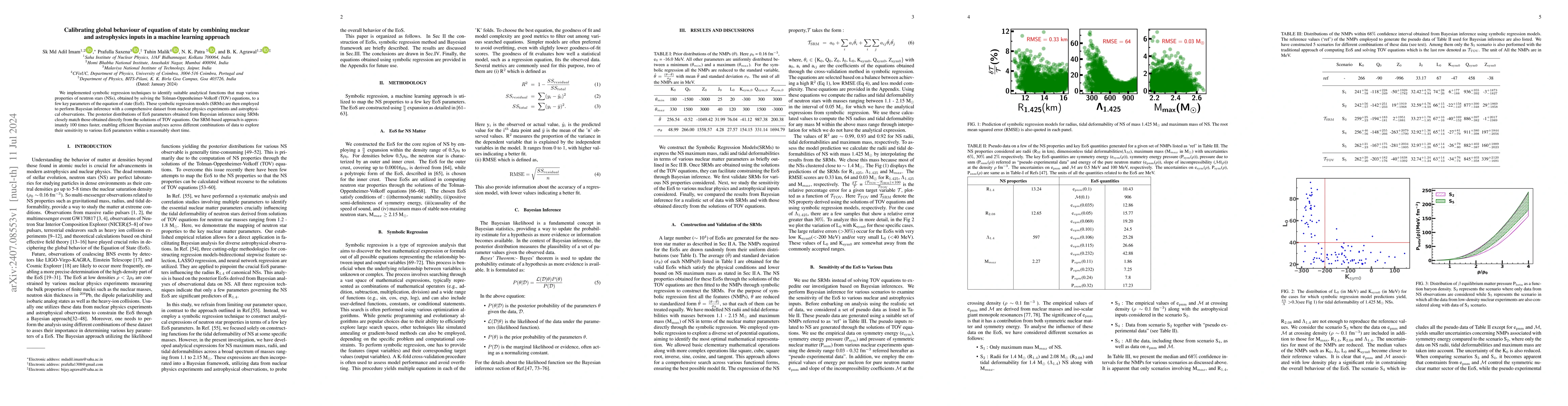 Thumbnail for Calibrating global behaviour of equation of state by combining nuclear
  and astrophysics inputs in a machine learning approach