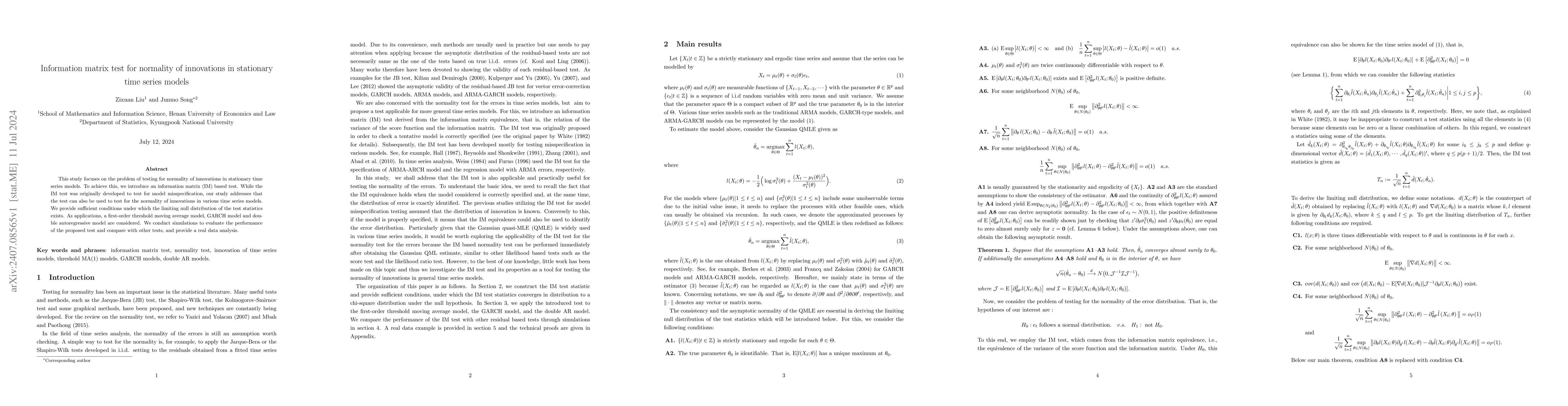 Thumbnail for Information matrix test for normality of innovations in stationary time
  series models