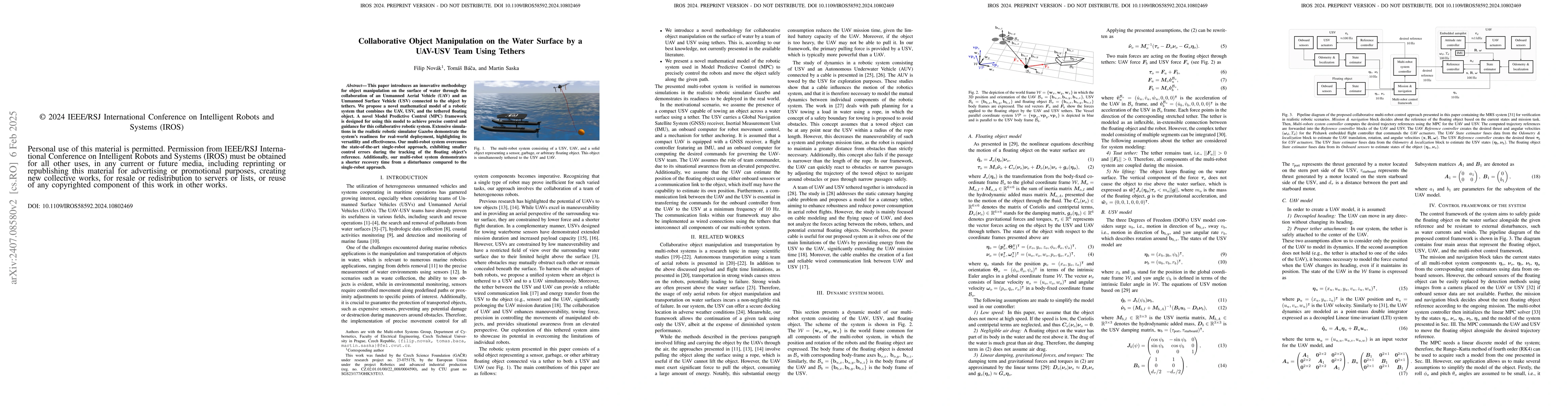 Thumbnail for Collaborative Object Manipulation on the Water Surface by a UAV-USV Team
  Using Tethers